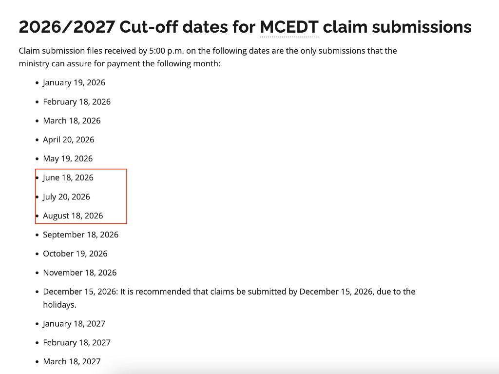 Ministry of Health 2026/2027 MC EDT claim submission cut-off dates